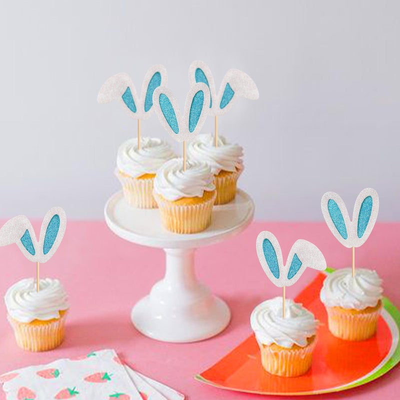 Ercadio 24 Pack Easter Bunny Ear Cupcake Toppers  Blue Glitter Rabbit Ears Cupcake Picks  Easter Day Cake Toppers for Easter Theme Spring Birthday Baby Shower Party Supplies - Image 4