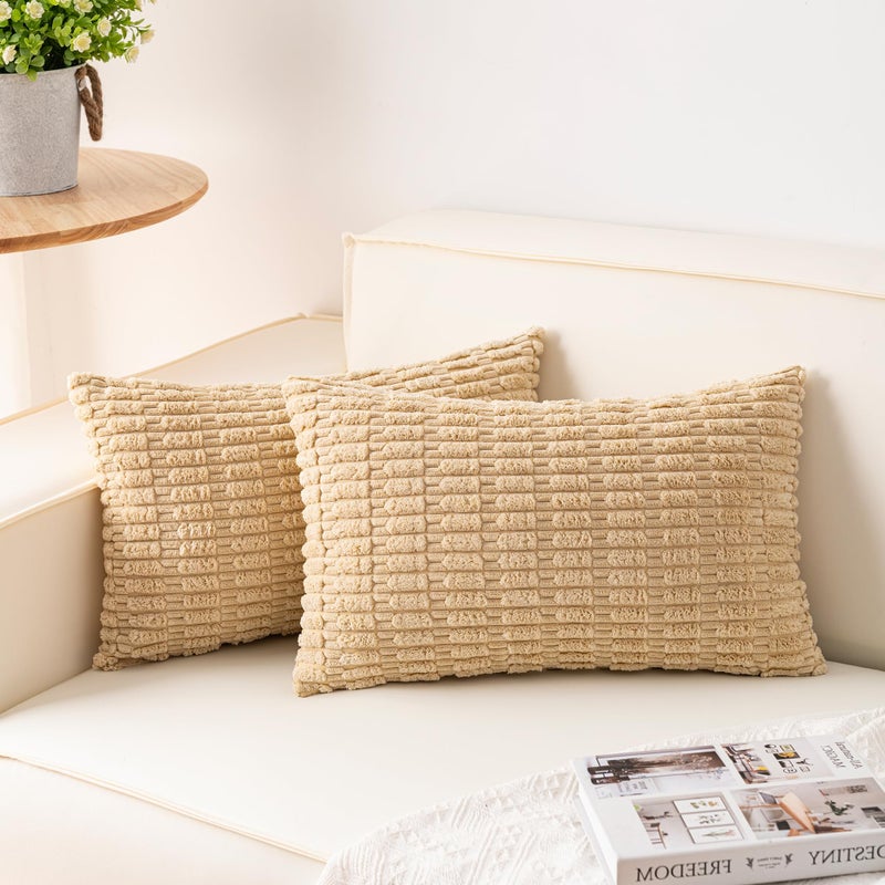 Aegero Pack of 2 Corduroy Decorative Throw Pillow Covers 12x20 InchSoft Boho Striped Pillow Covers Modern Farmhouse Home Decor for Sofa Living Room Couch Bed（Beige） - Image 1