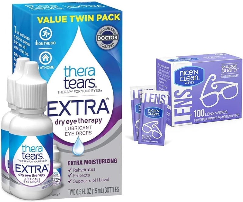 TheraTears Extra Dry Eye Drops 2 Count  Nice n Clean 100 SmudgeGuard Lens Wipes Bundle - Image 1