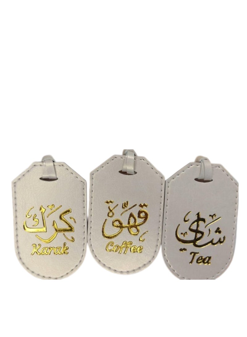 Bayti H.H. Selsela Leather Hanging Tags – Elegant Dallah Name Labels for Tea, Karak & Coffee Set A (Off White set of 3)