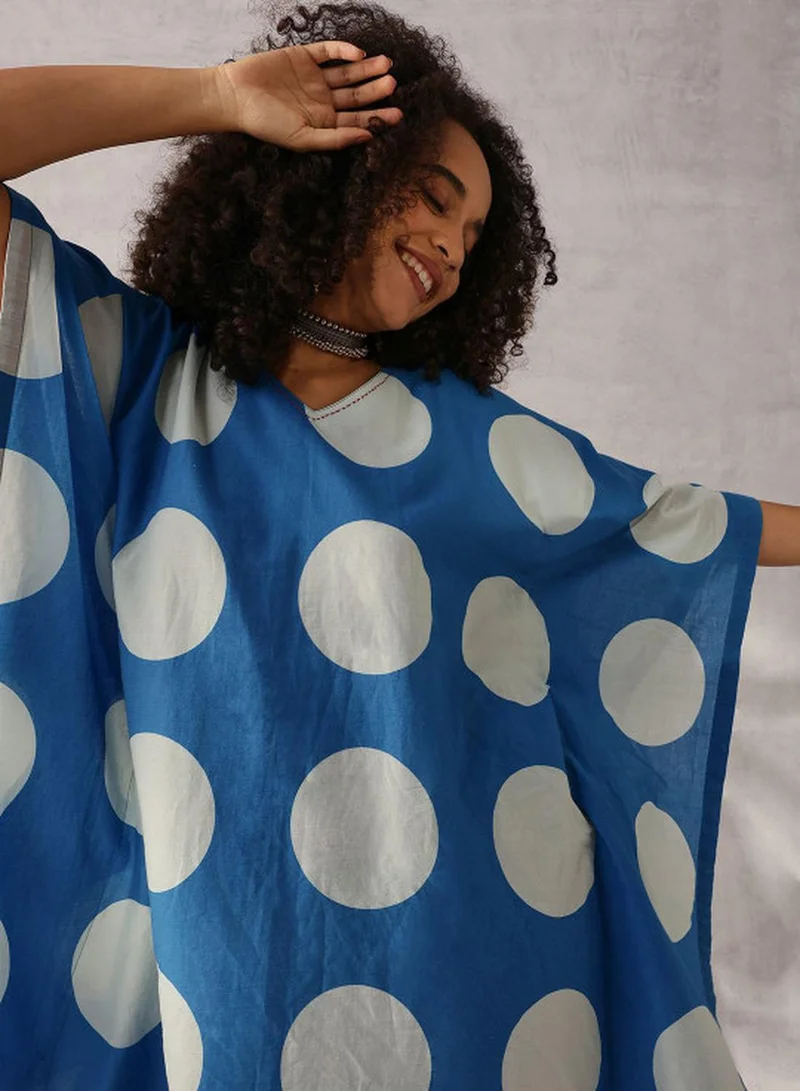 آي شين Women's Indigo Cotton Printed Relaxed Kaftan