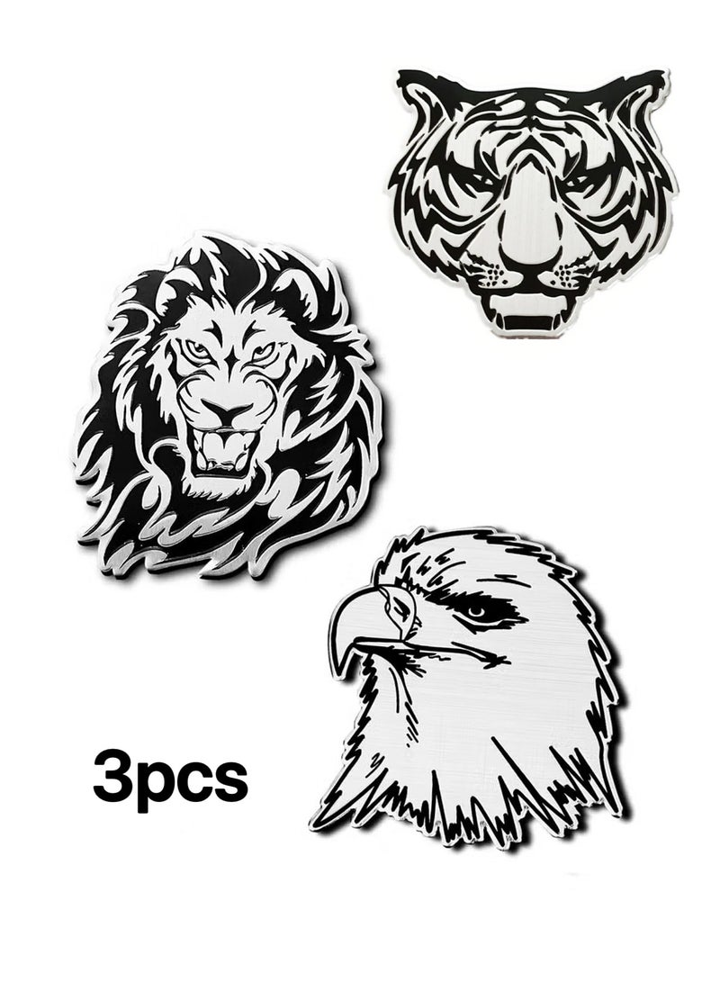 3 قطع من ملصقات السيارات الحيوانية المعدنية الفضية ثلاثية الأبعاد ذاتية اللصق لتزيين باب السيارة والكمبيوتر المحمول والثلاجة والنوافذ (أسد + نسر + نمر) - Image 1