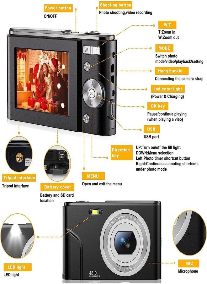 Generic Digital Camera, Kids Camera with 32GB Card FHD 1080P 48MP Vlogging Camera with LCD Screen 8X Zoom Compact Portable Mini Rechargeable Camera Gifts for Teens Students Boys Girls  - Image 2