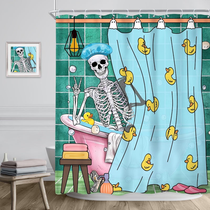 Riyidecor Funny Skull Shower Curtain 60Wx72H Inch Kids Gothic Skeleton in Bathtub Bathing Spooky Yellow Rubber Duck Cool Hilarious Modern Boys Bathroom Decor Fabric Polyester Waterproof 12 Pack Hooks - Image 3