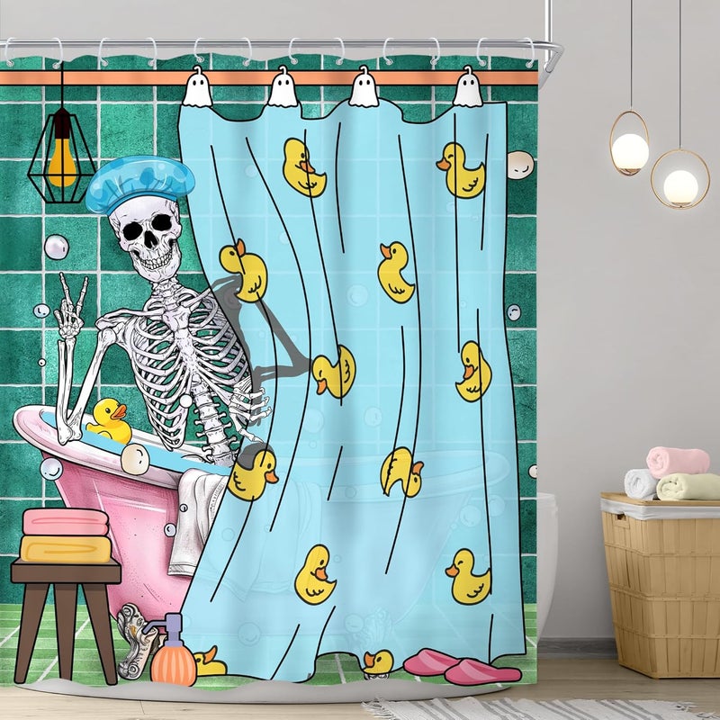 Riyidecor Funny Skull Shower Curtain 60Wx72H Inch Kids Gothic Skeleton in Bathtub Bathing Spooky Yellow Rubber Duck Cool Hilarious Modern Boys Bathroom Decor Fabric Polyester Waterproof 12 Pack Hooks - Image 2