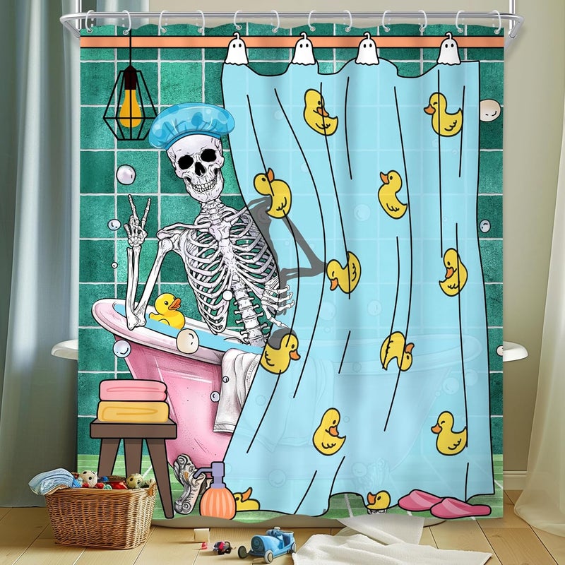 Riyidecor Funny Skull Shower Curtain 60Wx72H Inch Kids Gothic Skeleton in Bathtub Bathing Spooky Yellow Rubber Duck Cool Hilarious Modern Boys Bathroom Decor Fabric Polyester Waterproof 12 Pack Hooks - Image 1