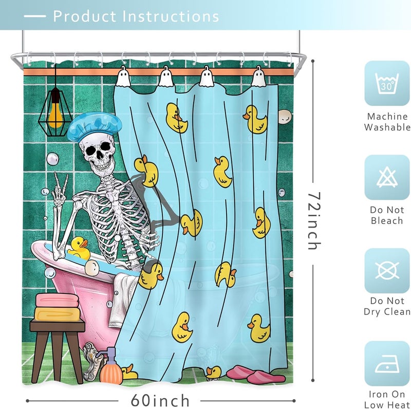 Riyidecor Funny Skull Shower Curtain 60Wx72H Inch Kids Gothic Skeleton in Bathtub Bathing Spooky Yellow Rubber Duck Cool Hilarious Modern Boys Bathroom Decor Fabric Polyester Waterproof 12 Pack Hooks - Image 5