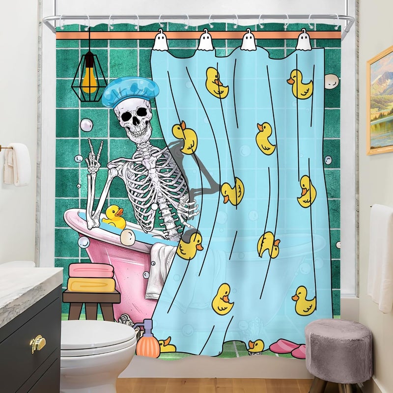 Riyidecor Funny Skull Shower Curtain 60Wx72H Inch Kids Gothic Skeleton in Bathtub Bathing Spooky Yellow Rubber Duck Cool Hilarious Modern Boys Bathroom Decor Fabric Polyester Waterproof 12 Pack Hooks - Image 4