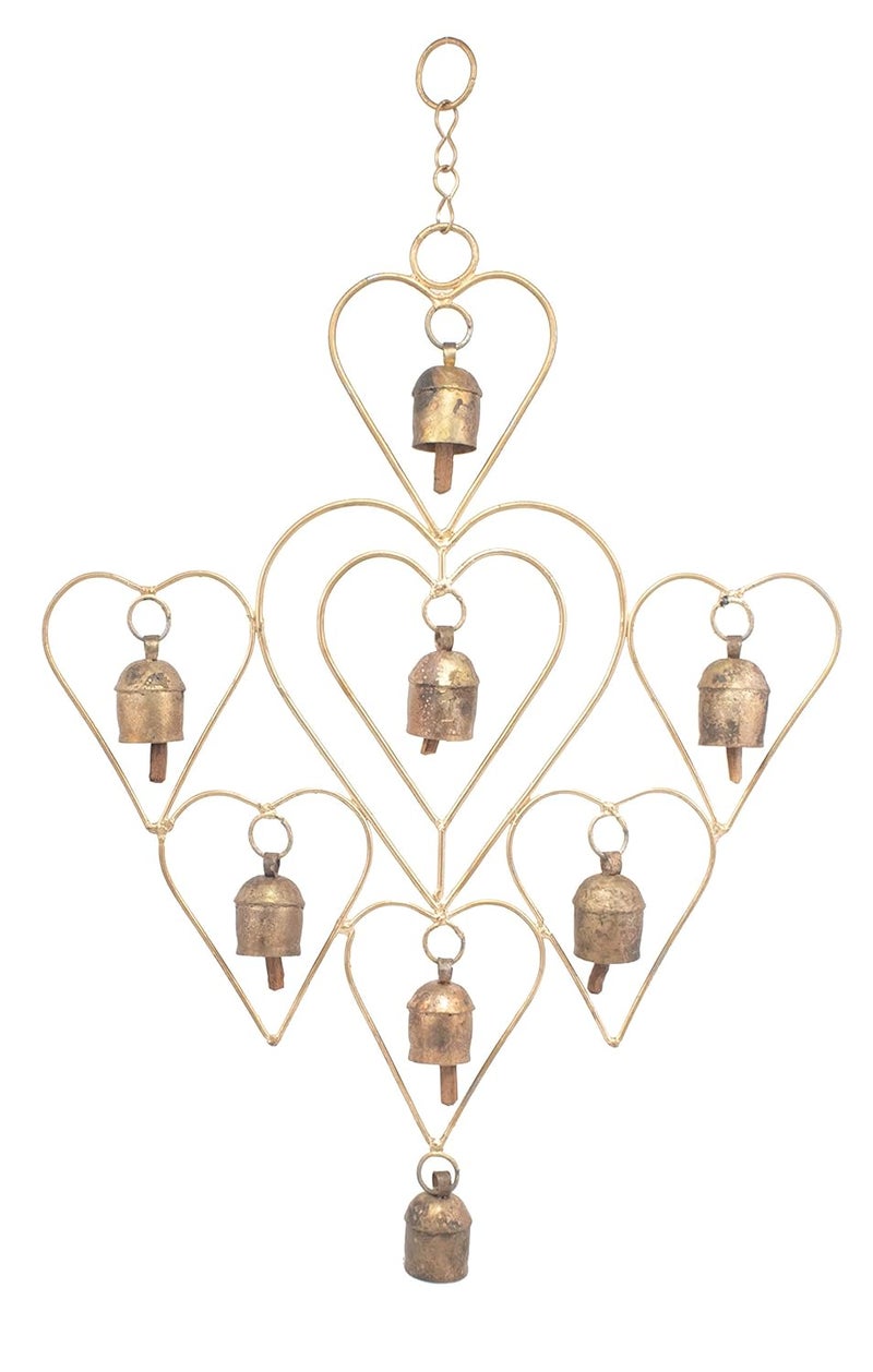 Ethnics of Kutch Ethnics of Kutch Hand Made Metal Bells Wrought Iron CopperZinc Coated Home Dcor Chimes Cow Bell Heart Around Hearts 8 Bells 45 cms Length Colour Copper BEL0020 - Image 1