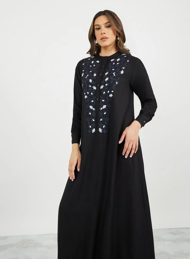 Styli Embroidered A-Line Jalabiya with Button Detail