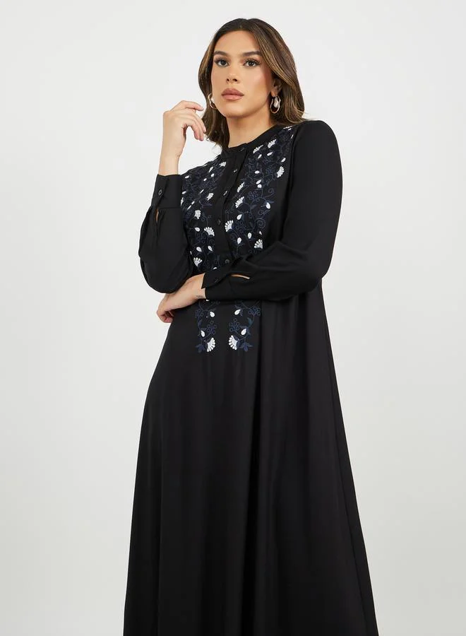Styli Embroidered A-Line Jalabiya with Button Detail