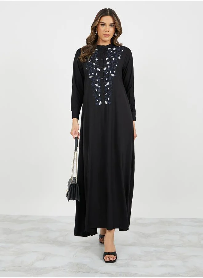 Styli Embroidered A-Line Jalabiya with Button Detail