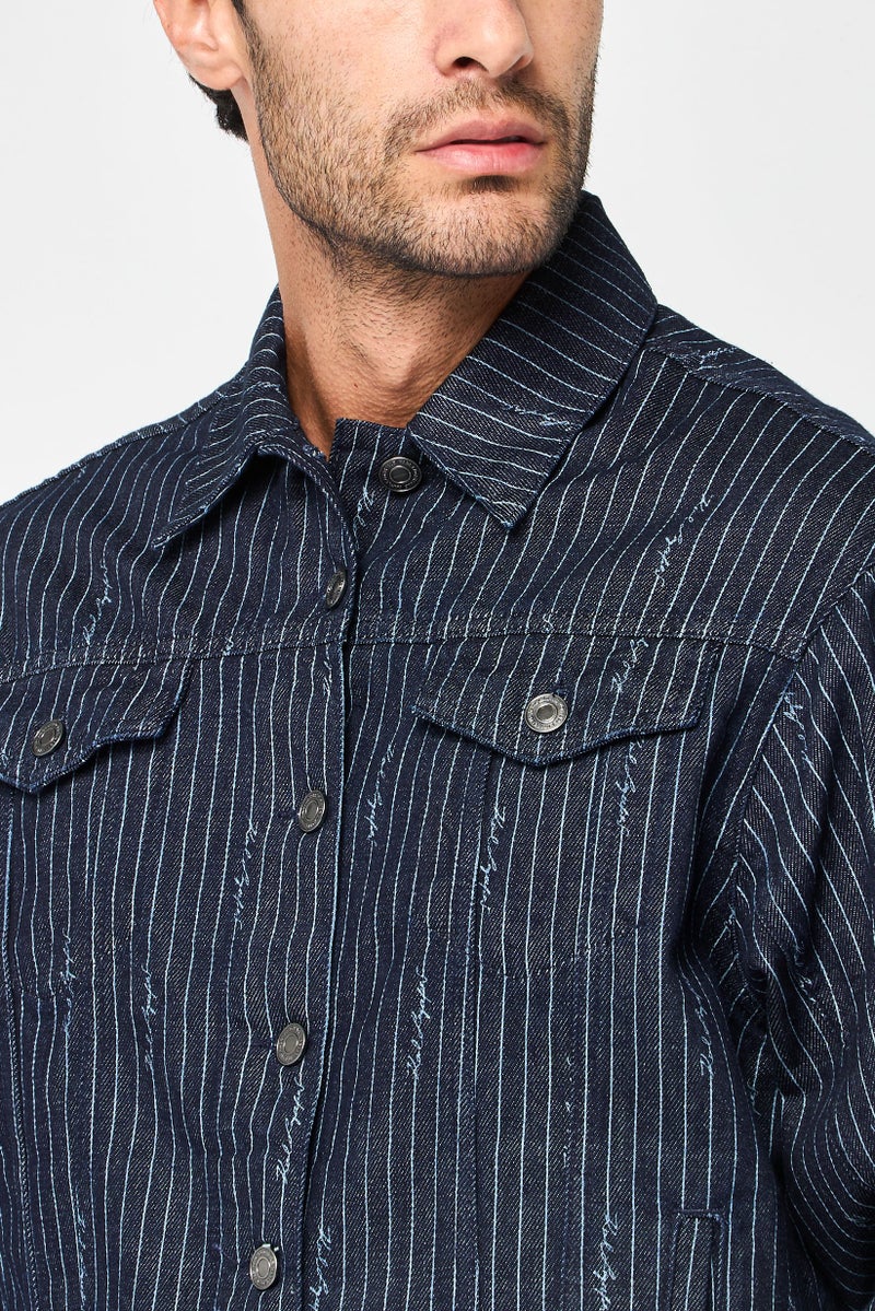 Karl Lagerfeld Men Regular Fit Stripe Denim Jacket, Multicolor - Image 3