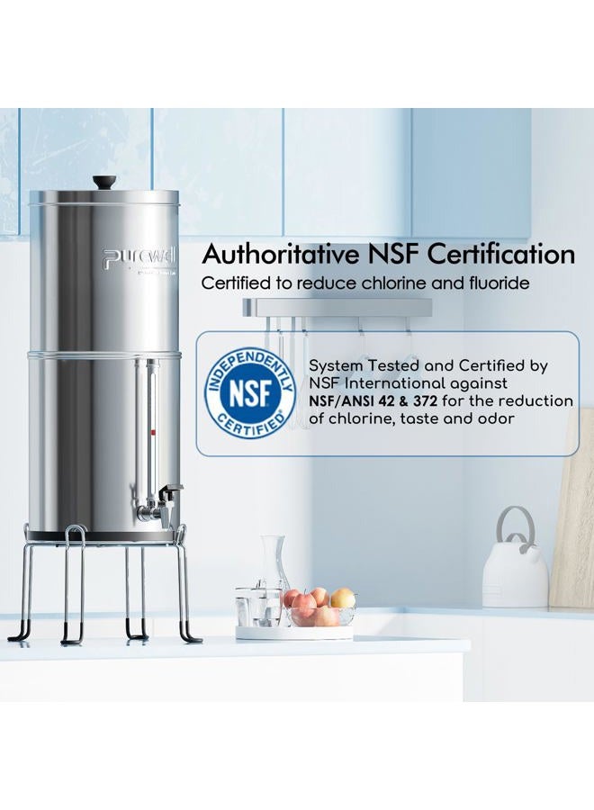 Purewell 3-Stage 0.01μm Ultra-Filtration Gravity Water Filter System, 304 Stainless Steel Countertop System with 2 Filters, Metal Water Level Spigot and Stand, Reduce up to 99% Chlorine, 2.25 Gallon - Image 3