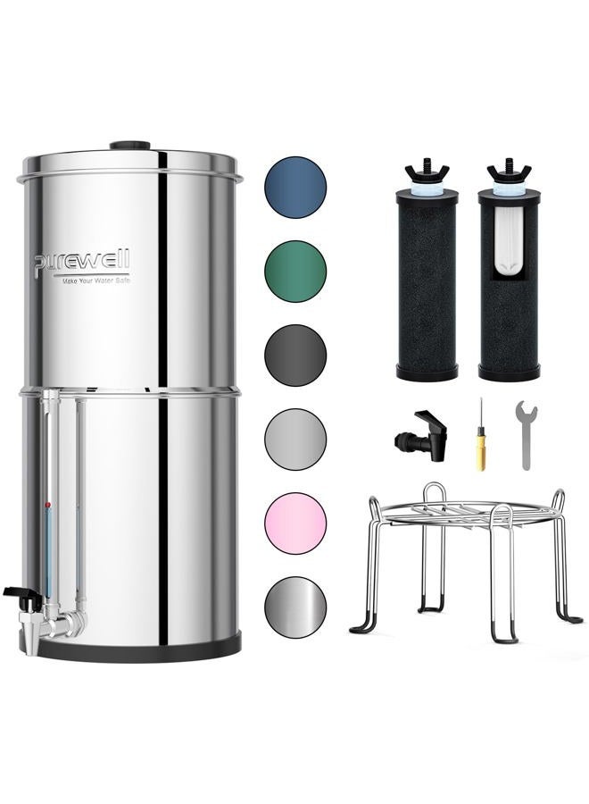 Purewell 3-Stage 0.01μm Ultra-Filtration Gravity Water Filter System, 304 Stainless Steel Countertop System with 2 Filters, Metal Water Level Spigot and Stand, Reduce up to 99% Chlorine, 2.25 Gallon - Image 1