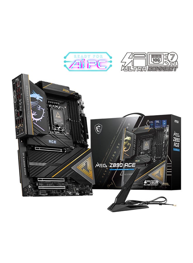 MEG Z890 ACE Wi-Fi ATX Motherboard, Intel Z890 Chipset, LGA1851 Socket, 4*DIMM DDR5 256GB Max Memory, 5*M.2, 1*PCIe 5.0*16, 1*Marvell AQC113CS 10Gbps Ethernet & Wi-Fi 7, Bluetooth v5.4, 1*HDMI, 2*Type-C Display Port, Audio Boost 5 HD, Frozr Guard, EZ DIY, Ready For AI PC | 911-7E22-001 Black