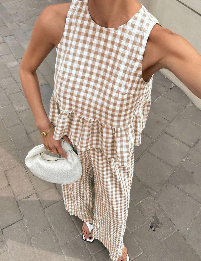 Tanming Women's 2 Piece Set Outfits Gingham Plaid Tank Tops Wide Leg Pants Matching Lounge Sets (Brown-S) - Image 3
