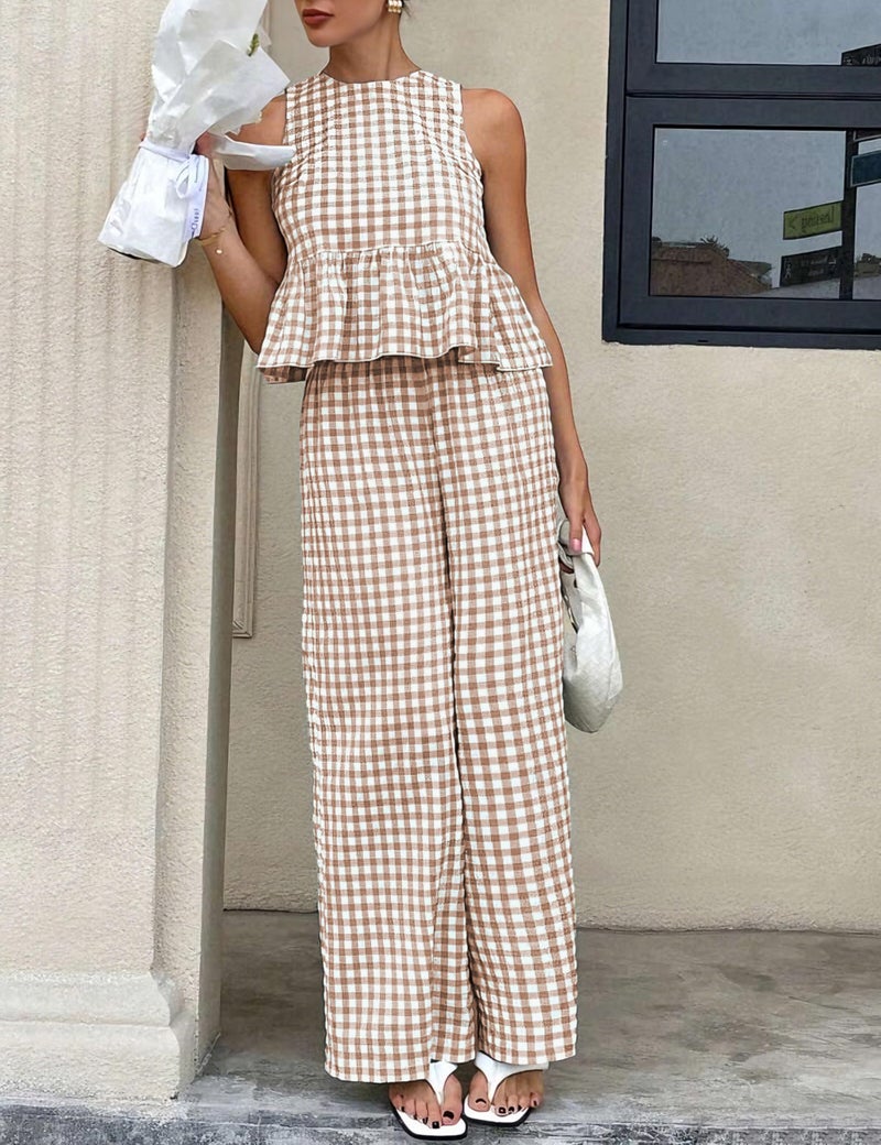 Tanming Women's 2 Piece Set Outfits Gingham Plaid Tank Tops Wide Leg Pants Matching Lounge Sets (Brown-S) - Image 2