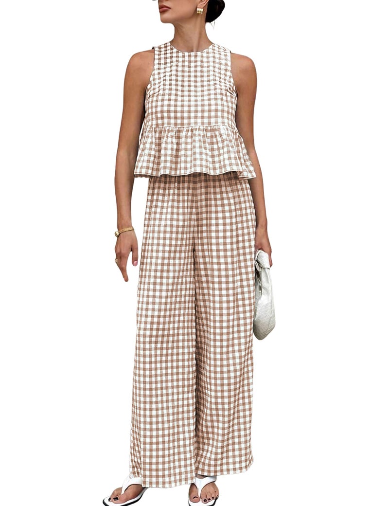 Tanming Women's 2 Piece Set Outfits Gingham Plaid Tank Tops Wide Leg Pants Matching Lounge Sets (Brown-S) - Image 1