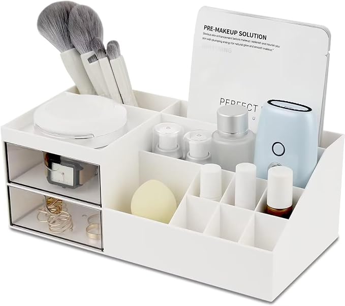 NWK Makeup Organiser Large Cosmetic Brush Holder Display Storage Box Bag Bathroom Dresser Desk Office Storage Organizer with 2 Drawers and 11 Compartmentswith drawers White