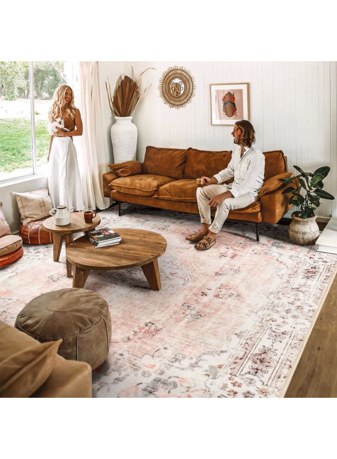 MUJOO Pink Rug 8'x10' Area Rugs for Living Room Washable Large Boho Rug for Bedroom Non Slip Abstract Soft Low-Pile Floral Flowers - Image 1