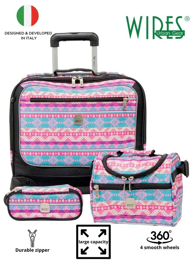 Wires 4 Wheeled Kids Trolley School Bag with Lunch Bag and Pencil Case for Girls - Image 1