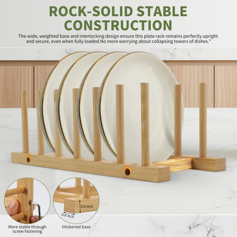 DEBETOOL 2 Pack Wooden Dish Rack Holder - Bamboo Plate Organizer for Cabinet Dishes Pots Lid & Cutting Boards, Kitchen Cabinet Space Saving Storage Solution - Image 5