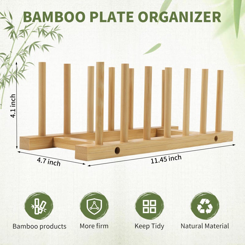 DEBETOOL 2 Pack Wooden Dish Rack Holder - Bamboo Plate Organizer for Cabinet Dishes Pots Lid & Cutting Boards, Kitchen Cabinet Space Saving Storage Solution - Image 2