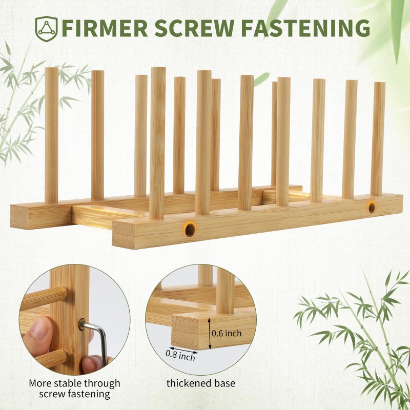 DEBETOOL 2 Pack Wooden Dish Rack Holder - Bamboo Plate Organizer for Cabinet Dishes Pots Lid & Cutting Boards, Kitchen Cabinet Space Saving Storage Solution - Image 4