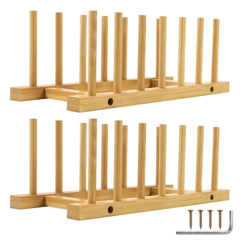 DEBETOOL 2 Pack Wooden Dish Rack Holder - Bamboo Plate Organizer for Cabinet Dishes Pots Lid & Cutting Boards, Kitchen Cabinet Space Saving Storage Solution - Image 1