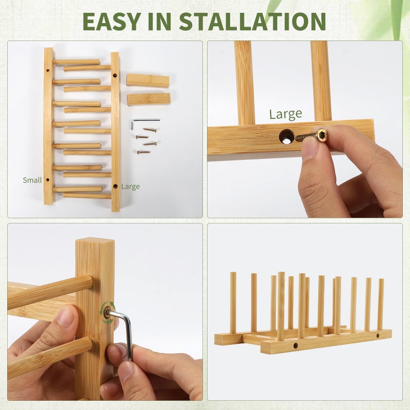 DEBETOOL 2 Pack Wooden Dish Rack Holder - Bamboo Plate Organizer for Cabinet Dishes Pots Lid & Cutting Boards, Kitchen Cabinet Space Saving Storage Solution - Image 3