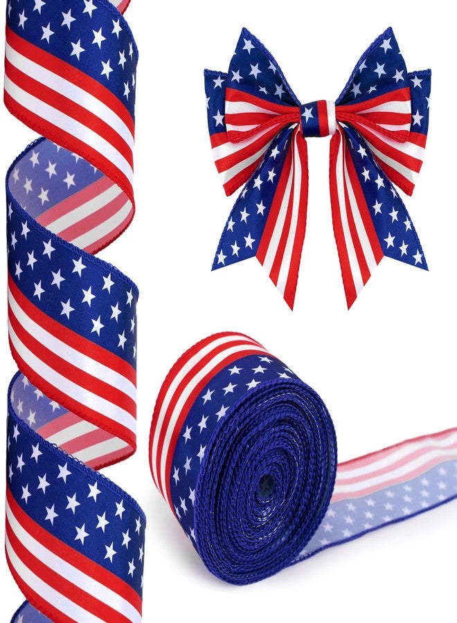 KINGLAKE 250th Anniversary Patriotic Wired Ribbon - 2-1/2 Inch x 11 Yds Red White Blue Striped Satin Star Ribbon 4th of July Ribbons for Wreaths Crafts Independence Day Memorial Day Veterans Day Decor - Image 1