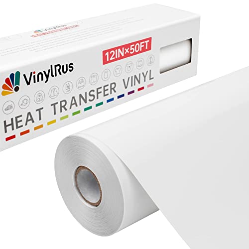 VinylRus Heat Transfer Vinyl-12” x 50ft White Iron on Vinyl Roll for Shirts, HTV Vinyl for Silhouette Cameo, Easy to Cut & Weed - Image 1