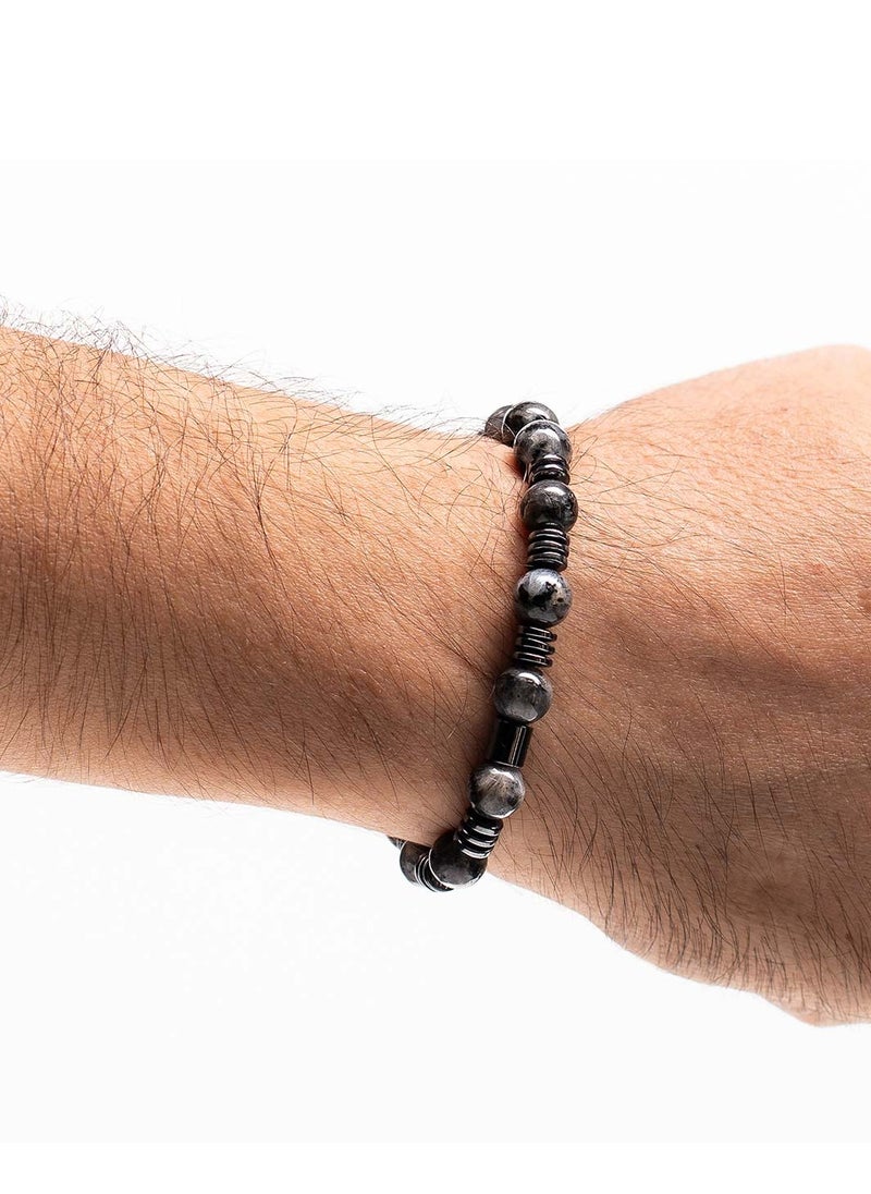 CHRYSOSTOMOS Handmade Beaded Bracelet for Men with Natural Larvikite and Hematite Flatten Grommet  - Image 3