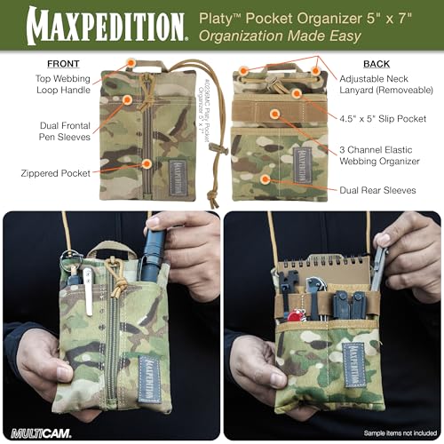 MAXPEDITION Platy Pocket Organizer, Durable EDC Tool Pouch for Men, Neck Wallet with Paracord Lanyard, Holds Flashlight, Multitool, Pen, Notebook (Multicam, 5" x 7") - Image 4