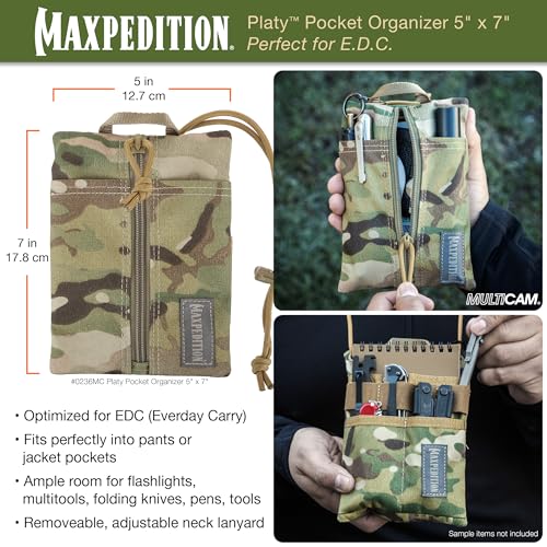 MAXPEDITION Platy Pocket Organizer, Durable EDC Tool Pouch for Men, Neck Wallet with Paracord Lanyard, Holds Flashlight, Multitool, Pen, Notebook (Multicam, 5" x 7") - Image 2