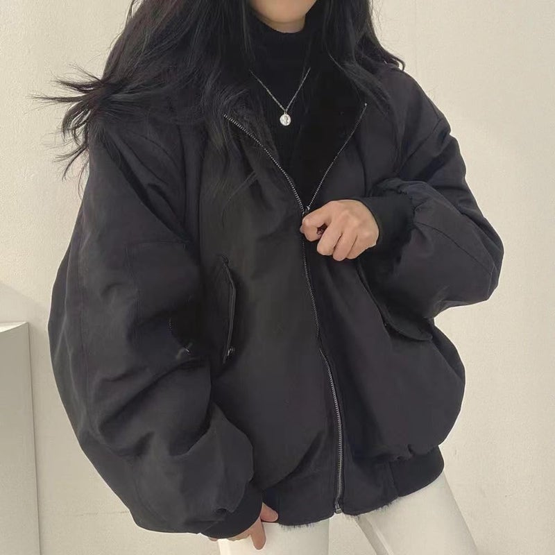 Sumleno Sherpa Jacket for Women Teen Girls Reversible Y2k Zip Up Hoodie Fleece Fur Grunge Winter Coat Cutecore Korean Clothes (Black,M) - Image 3