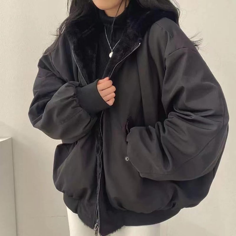 Sumleno Sherpa Jacket for Women Teen Girls Reversible Y2k Zip Up Hoodie Fleece Fur Grunge Winter Coat Cutecore Korean Clothes (Black,M) - Image 2