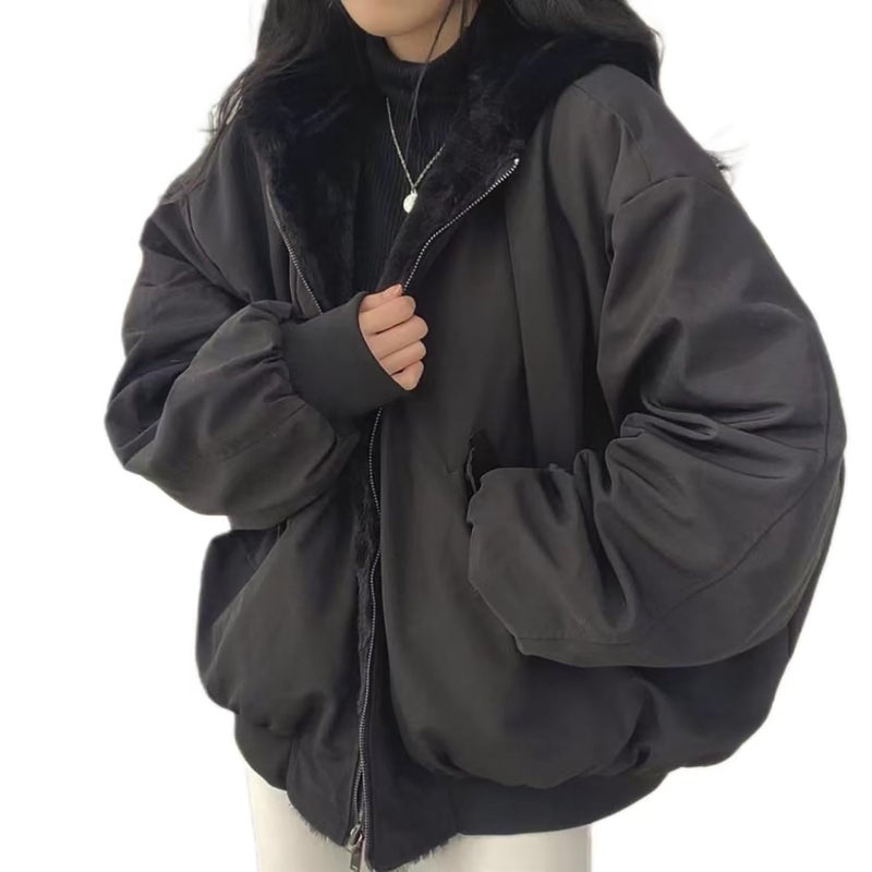 Sumleno Sherpa Jacket for Women Teen Girls Reversible Y2k Zip Up Hoodie Fleece Fur Grunge Winter Coat Cutecore Korean Clothes (Black,M) - Image 1