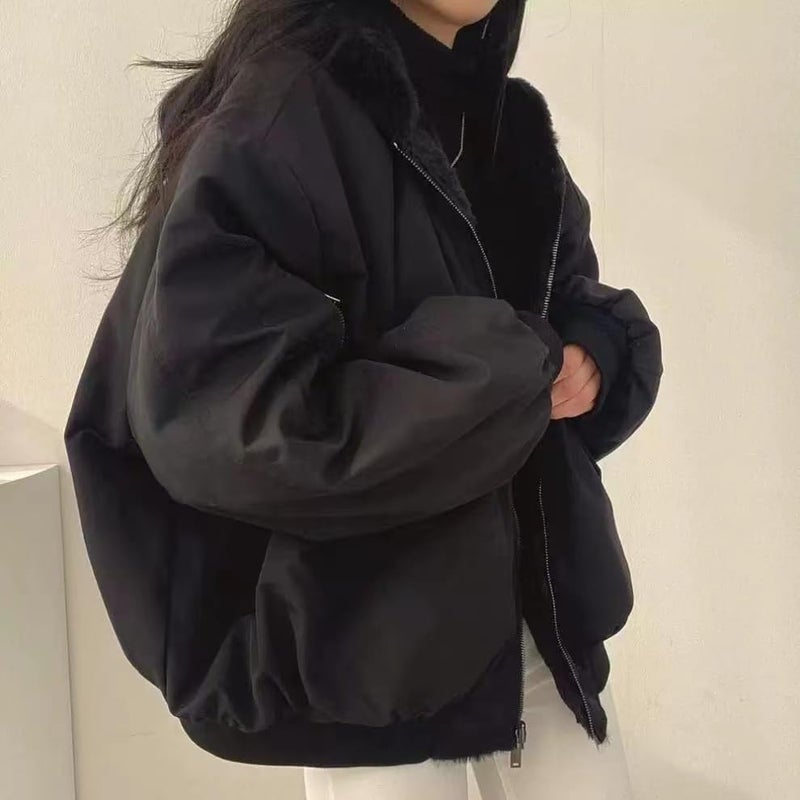 Sumleno Sherpa Jacket for Women Teen Girls Reversible Y2k Zip Up Hoodie Fleece Fur Grunge Winter Coat Cutecore Korean Clothes (Black,M) - Image 4