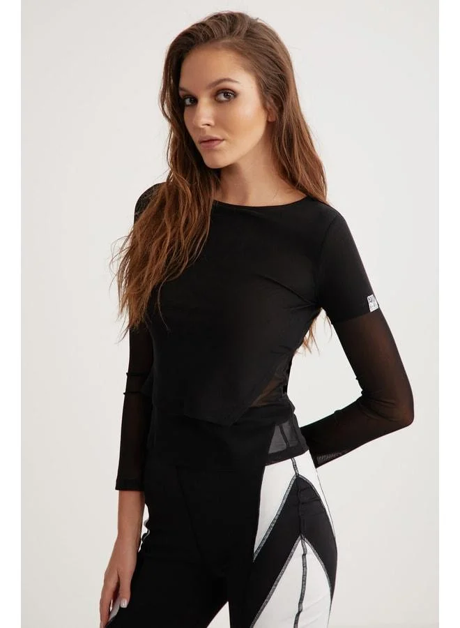 Ethiquet MAURICE Women's Black Asymmetric Blouse with Double-Product Appearance, Labeled, Tulle Mesh Fabric.