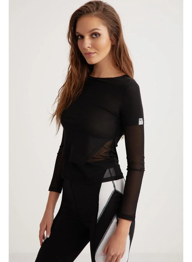 Ethiquet MAURICE Women's Black Asymmetric Blouse with Double-Product Appearance, Labeled, Tulle Mesh Fabric.