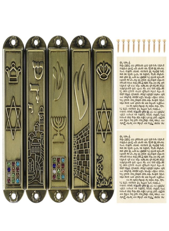 Baluue Set of 5 Mezuzah with Scroll for Door Metal Jewish Home Decor Vintage Blessing Plaque Hebrew and English Wall Mount - Image 1