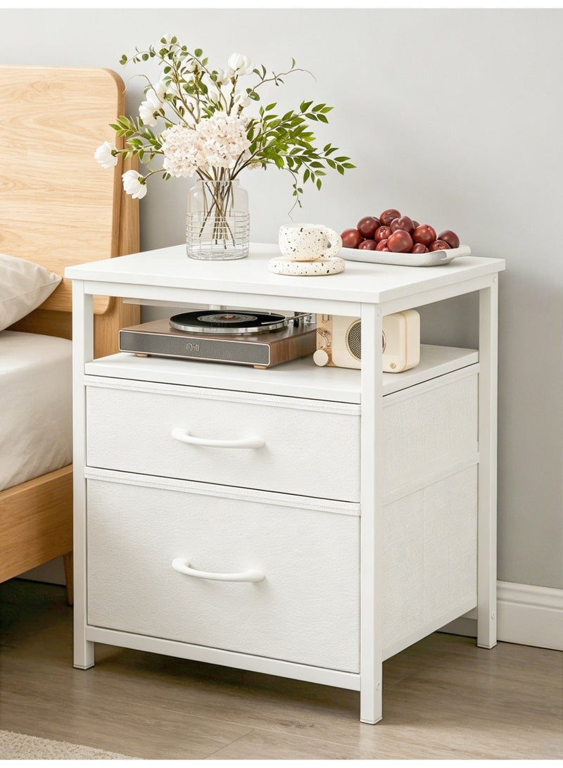 SHEIDLIN Modern Nightstand with Open Shelf, White Bedside Table, Sturdy End Table for Living Room, 2-Fabric Drawer Bedroom Night Stand Furniture - Image 1