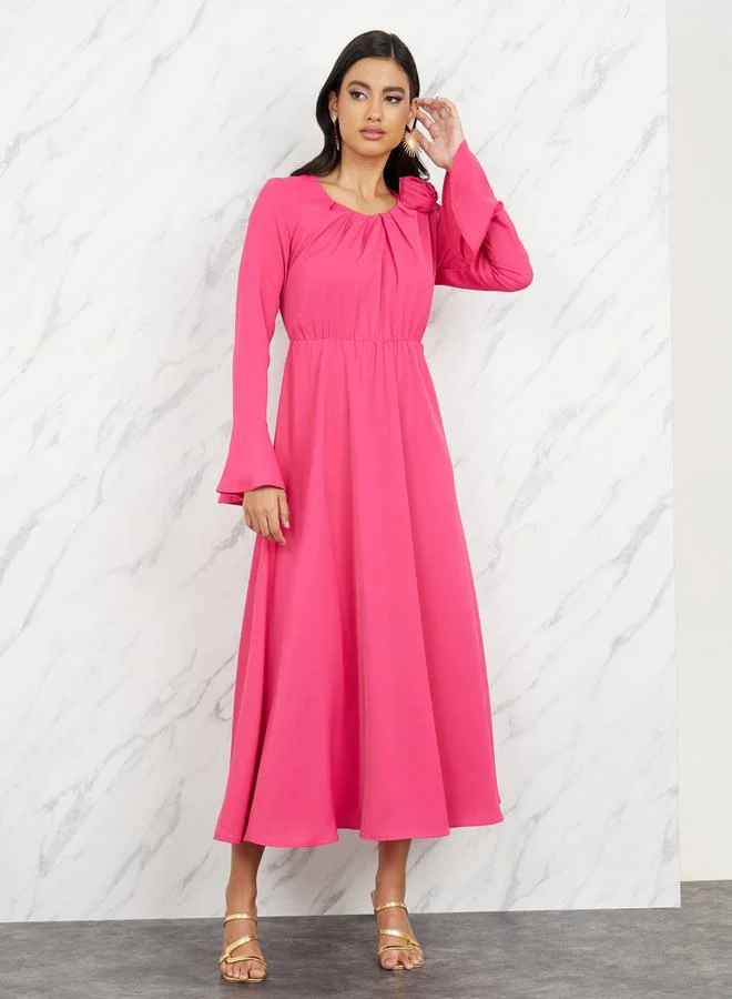 Take Two Pleated Floral Corsage Detail A-Line Maxi Dress