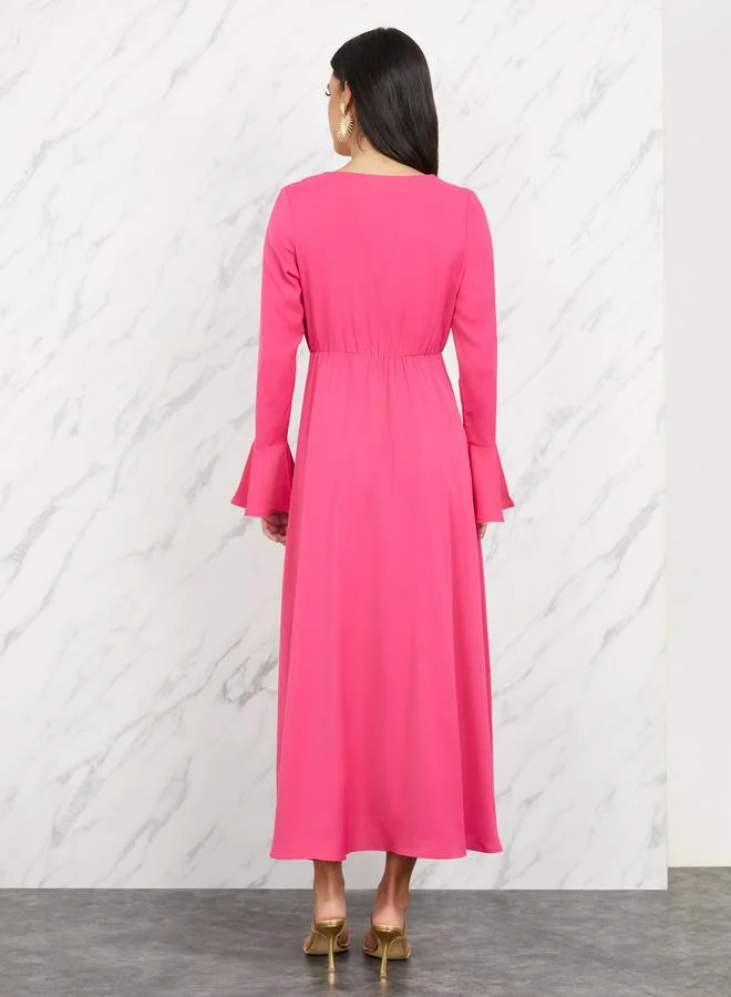 Take Two Pleated Floral Corsage Detail A-Line Maxi Dress
