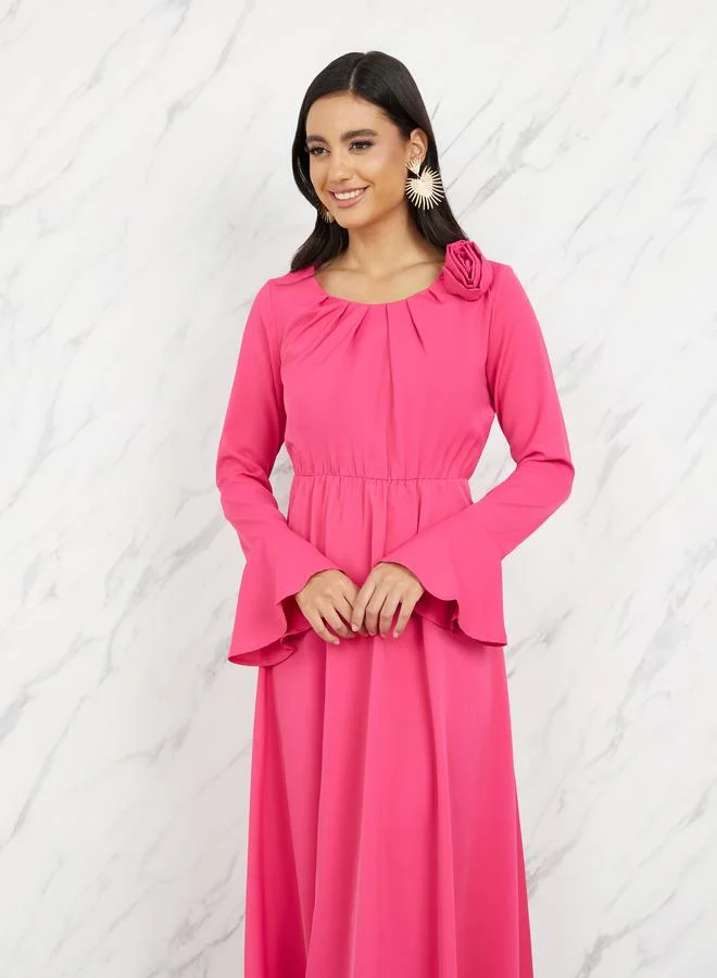 Take Two Pleated Floral Corsage Detail A-Line Maxi Dress