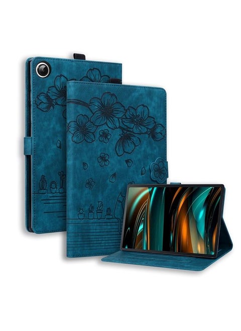 Samsung Galaxy Tab A8 X200 Cartoon Sakura Cat Embossed Smart Leather Tablet Case Blue
