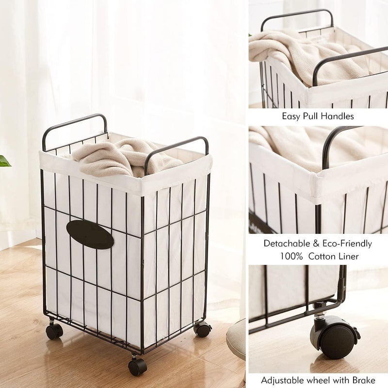 INDIAN DECOR 2180 Classic Metal Wire Laundry Rack With Lockable Wheels, Laundry Storage Basket with Handles, Detachable Liner Dirty Laundry Cart Sorter Clothes Basket Organizer (23.6 inches) - Black - Image 5