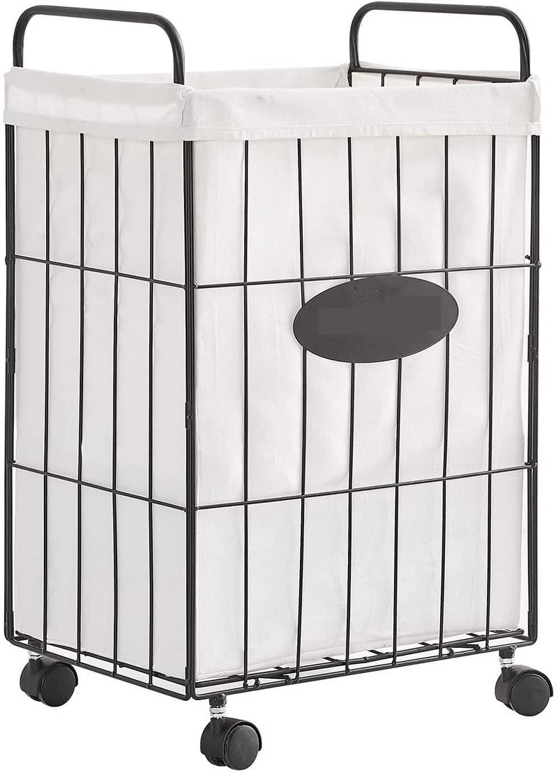 INDIAN DECOR 2180 Classic Metal Wire Laundry Rack With Lockable Wheels, Laundry Storage Basket with Handles, Detachable Liner Dirty Laundry Cart Sorter Clothes Basket Organizer (23.6 inches) - Black - Image 1
